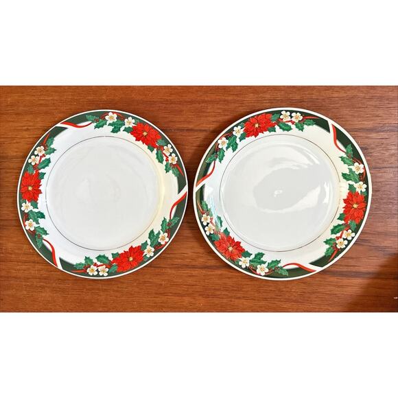 Tienshan Deck the Halls Set of 2 Dinner Plates Christmas Poinsettia - Picture 1 of 5